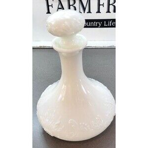 Vintage Milk Glass Decanter w Stopper Grape Leaf Pattern White 9" MCM